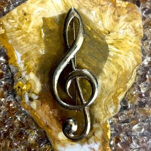🎼 Music Clef Note Sterling Silver Brooch Antique Mid-Century Stamped Marked